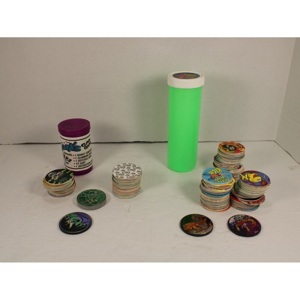 90s Nostalgia Lot: Vintage Pogs & Rohks Slammers with Storage Tubes - Huge Colle